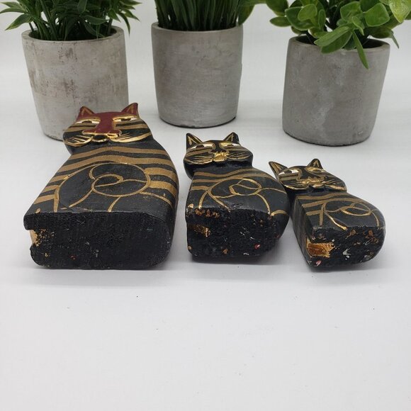 LAUREL Burch Trio Cat Hand Painted Black Gold Wooden Folk Art Figurines - Picture 3 of 9